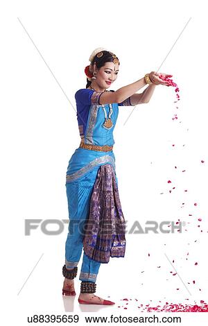 Full length of Bharatanatyam dancer dropping rose petals on white background View Large Photo Image Stock Photo - Full length of Bharatanatyam dancer dropping rose petals on white background. Fotosearch