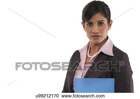 Stock Image - Portrait of a businesswoman with a file . Fotosearch