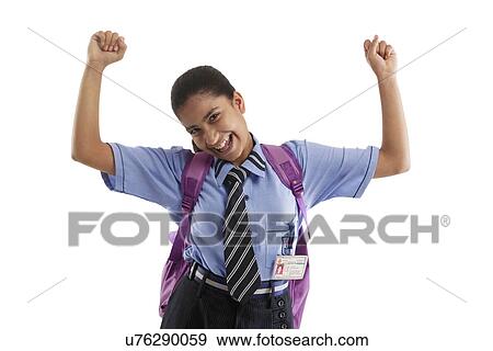 Portrait of a school girl cheering View Large Photo Image Stock Photo - Portrait of a school girl cheering . Fotosearch