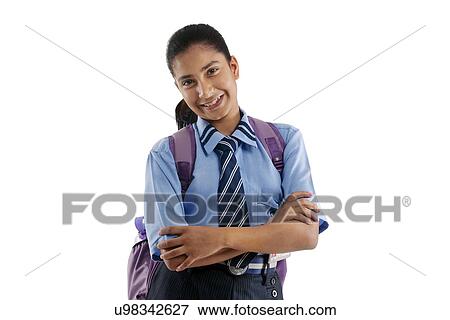 Portrait of a school girl smiling View Large Photo Image Stock Photo - Portrait of a school girl smiling . Fotosearch