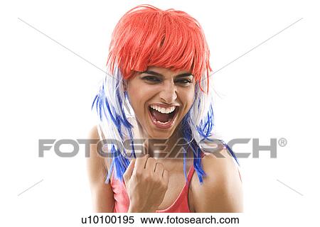 Portrait of a woman with a wig cheering View Large Photo Image Stock Photography - Portrait of a woman with a wig cheering . Fotosearch