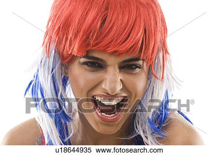 Portrait of a woman with a wig shouting View Large Photo Image Stock Photography - Portrait of a woman with a wig shouting . Fotosearch