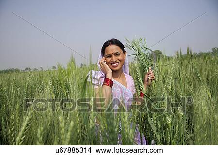 Portrait of an Indian female farm worker talking on phone View Large Photo Image Picture - Portrait of an Indian female farm worker talking on phone . Fotosearch