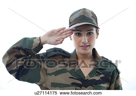 Stock Photography - Portrait of female soldier saluting . Fotosearch