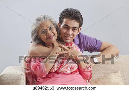 Stock Image - Portrait of Grandmother and grandson. Fotosearch