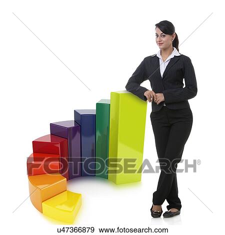 Portrait of well-dressed businesswoman with multi colored bar graph representing growth over white background View Large Photo Image Stock Photo - Portrait of well-dressed businesswoman with multi colored bar graph representing growth over white background. Fotosearch