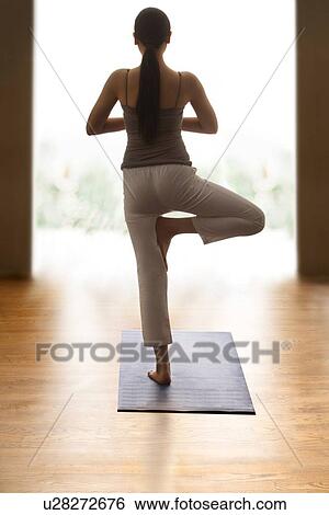Rear view of young woman doing tree pose on yoga mat View Large Photo Image Stock Photograph - Rear view of young woman doing tree pose on yoga mat. Fotosearch