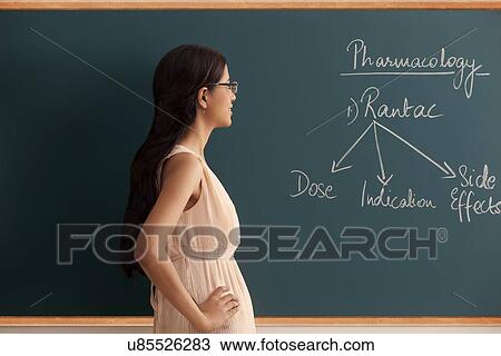 Stock Image - Side view of female teacher looking at written text on green board . Fotosearch