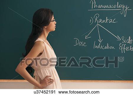 Side view of young female teacher looking at written text on green board View Large Photo Image Stock Image - Side view of young female teacher looking at written text on green board . Fotosearch