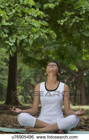 Young woman in lotus position meditating in a park View Large Photo Image Stock Photograph - Young woman in lotus position meditating in a park . Fotosearch