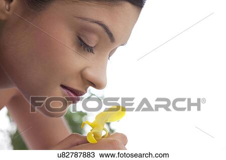 Stock Image - Young woman smelling flower . Fotosearch