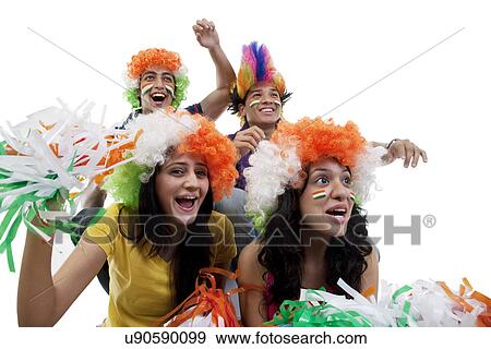 Youngsters with wigs cheering View Large Photo Image Stock Photo - Youngsters with wigs cheering . Fotosearch