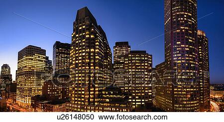 Stock Image - Boston Financial District at dusk. Fotosearch
