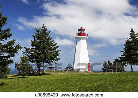 Stock Photo - Cape George Lighthouse on grassy hill . Fotosearch