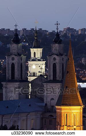 Stock Image - Church of St. Francis Xavier and town hall. Fotosearch