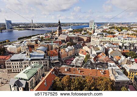 Cityscape of old town and river in distance View Large Photo Image Stock Photography - Cityscape of old town and river in distance. Fotosearch