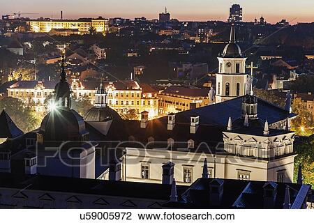 Stock Image - Elevated view of city at tight. Fotosearch
