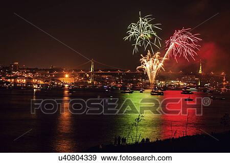 Stock Photo - Fireworks over river. Fotosearch