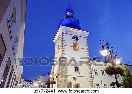 Stock Image - Low angle view of Bell Tower at night. Fotosearch