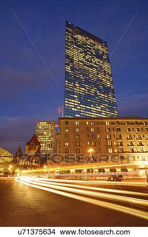 Traffic trails in Copley Square at dusk View Large Photo Image Picture - Traffic trails in Copley Square at dusk. Fotosearch
