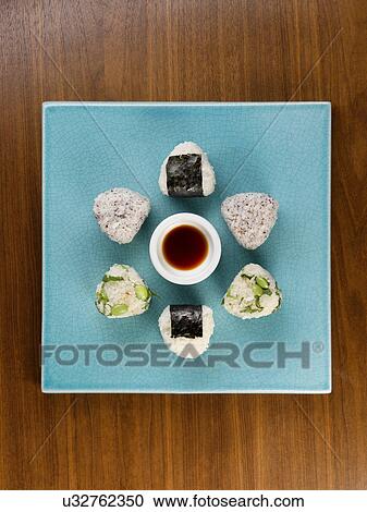 Stock Image - Aerial view of plate of sushi. Fotosearch