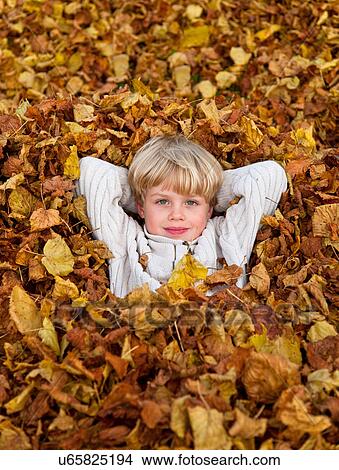 Boy laying in pile of fall leaves View Large Photo Image Picture - Boy laying in pile of fall leaves. Fotosearch