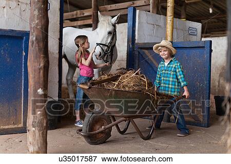 Boy pushing wheelbarrow in stable View Large Photo Image Stock Photo - Boy pushing wheelbarrow in stable. Fotosearch