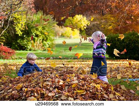 Children playing in pile of leaves View Large Photo Image Stock Photo - Children playing in pile of leaves. Fotosearch