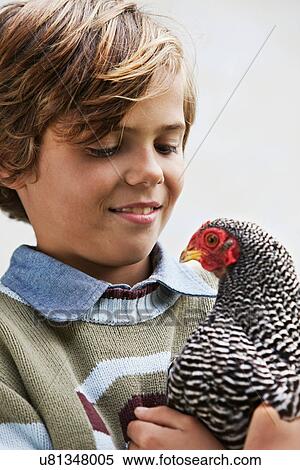 Stock Photography - Close up of boy holding chicken. Fotosearch