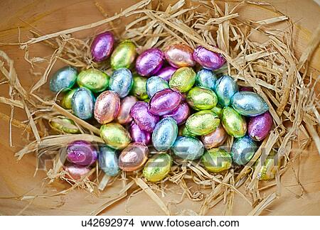 Close up of chocolate eggs in basket View Large Photo Image Picture - Close up of chocolate eggs in basket. Fotosearch
