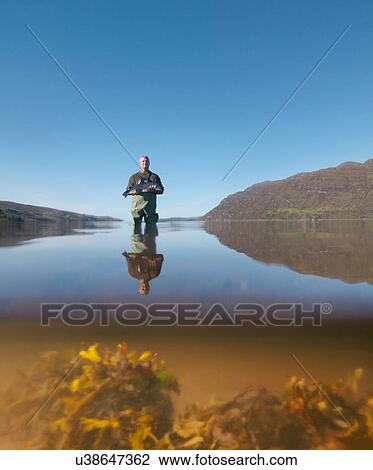 Fisherman wading in loch with freshly caught salmon View Large Photo Image Stock Image - Fisherman wading in loch with freshly caught salmon. Fotosearch