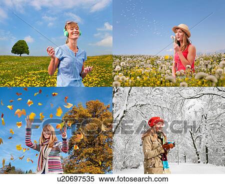 Four seasons of woman playing outdoors View Large Photo Image Stock Photography - Four seasons of woman playing outdoors. Fotosearch
