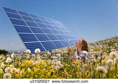 Girl in field with solar panels View Large Photo Image Stock Photo - Girl in field with solar panels. Fotosearch