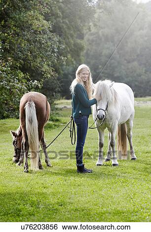 Stock Photograph - Girl walking horses in field. Fotosearch