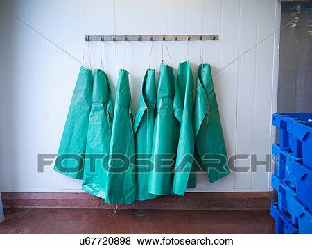 Green aprons hanging in fish factory of hand-reared Scottish salmon farm View Large Photo Image Stock Photo - Green aprons hanging in fish factory of hand-reared Scottish salmon farm. Fotosearch