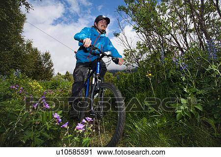 Man mountain biking on dirt path View Large Photo Image Stock Image - Man mountain biking on dirt path. Fotosearch