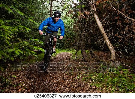 Man mountain biking on dirt path View Large Photo Image Stock Photo - Man mountain biking on dirt path. Fotosearch