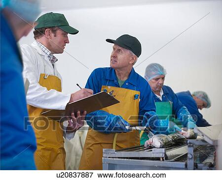 Stock Photo - Manager and staff in discussion on production line of hand-reared Scottish salmon farm. Fotosearch