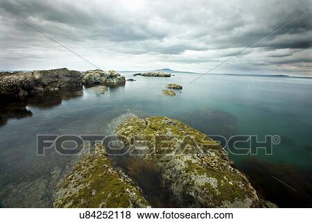 Stock Photo - Moss-covered rocks on coastline. Fotosearch