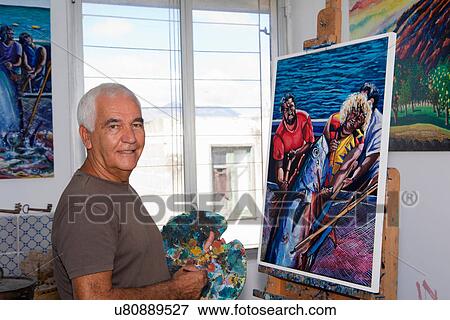 Older artist painting in studio View Large Photo Image Stock Photo - Older artist painting in studio. Fotosearch