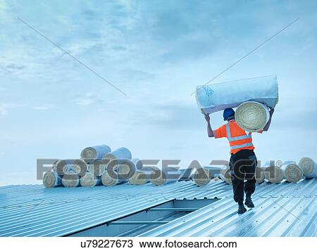 Stock Image - Rear view of workman carrying rolls of insulation to install into factory roof. Fotosearch