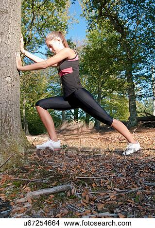 Runner stretching against tree in park View Large Photo Image Picture - Runner stretching against tree in park. Fotosearch