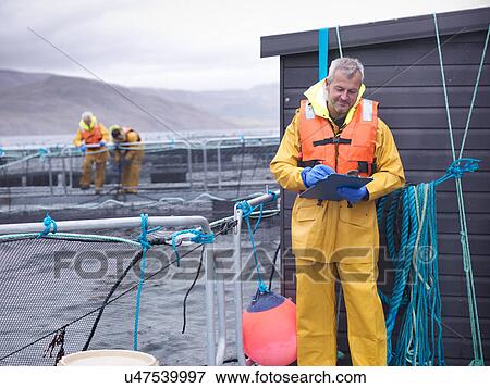 Stock Photo - Salmon farmer taking notes on Scottish salmon farm pontoon. Fotosearch