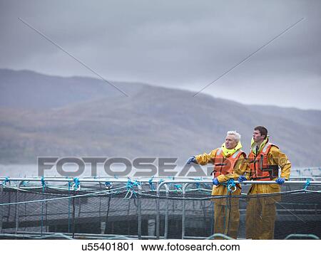 Salmon farmers on Scottish salmon farm pontoon View Large Photo Image Stock Image - Salmon farmers on Scottish salmon farm pontoon. Fotosearch