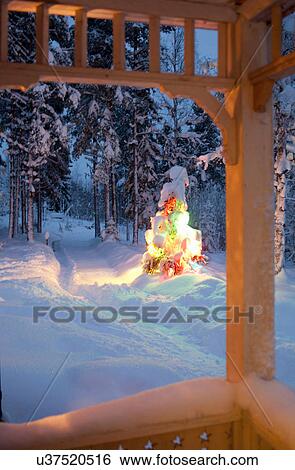 Snow covered Christmas tree outdoors View Large Photo Image Stock Photograph - Snow covered Christmas tree outdoors. Fotosearch