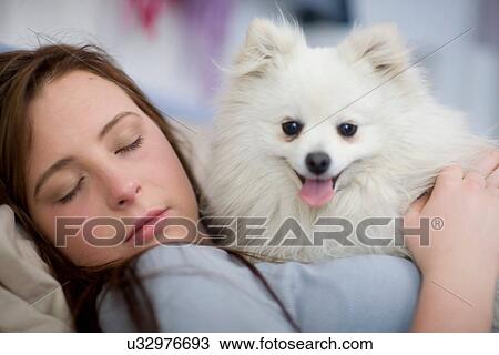 Teenage girl asleep with dog View Large Photo Image Stock Image - Teenage girl asleep with dog. Fotosearch