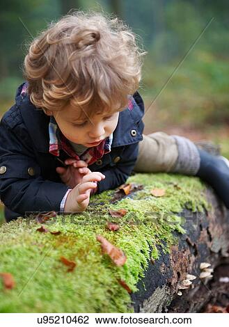 Stock Image - Toddler climbing on mossy log in park. Fotosearch