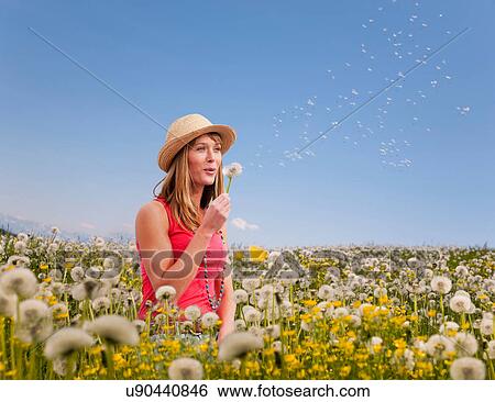 Woman blowing dandelions outdoors View Large Photo Image Stock Photograph - Woman blowing dandelions outdoors. Fotosearch