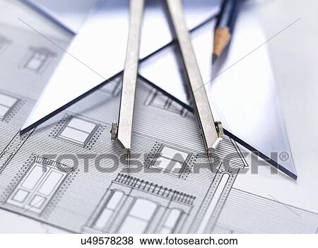 Stock Photo - Architectural drawing with drawing equipment. Fotosearch