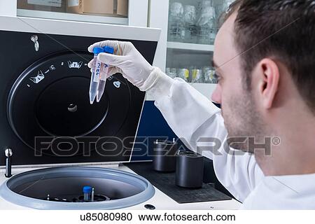 Stock Image - "Cancer research laboratory, scientist placing cells into centrifuge". Fotosearch